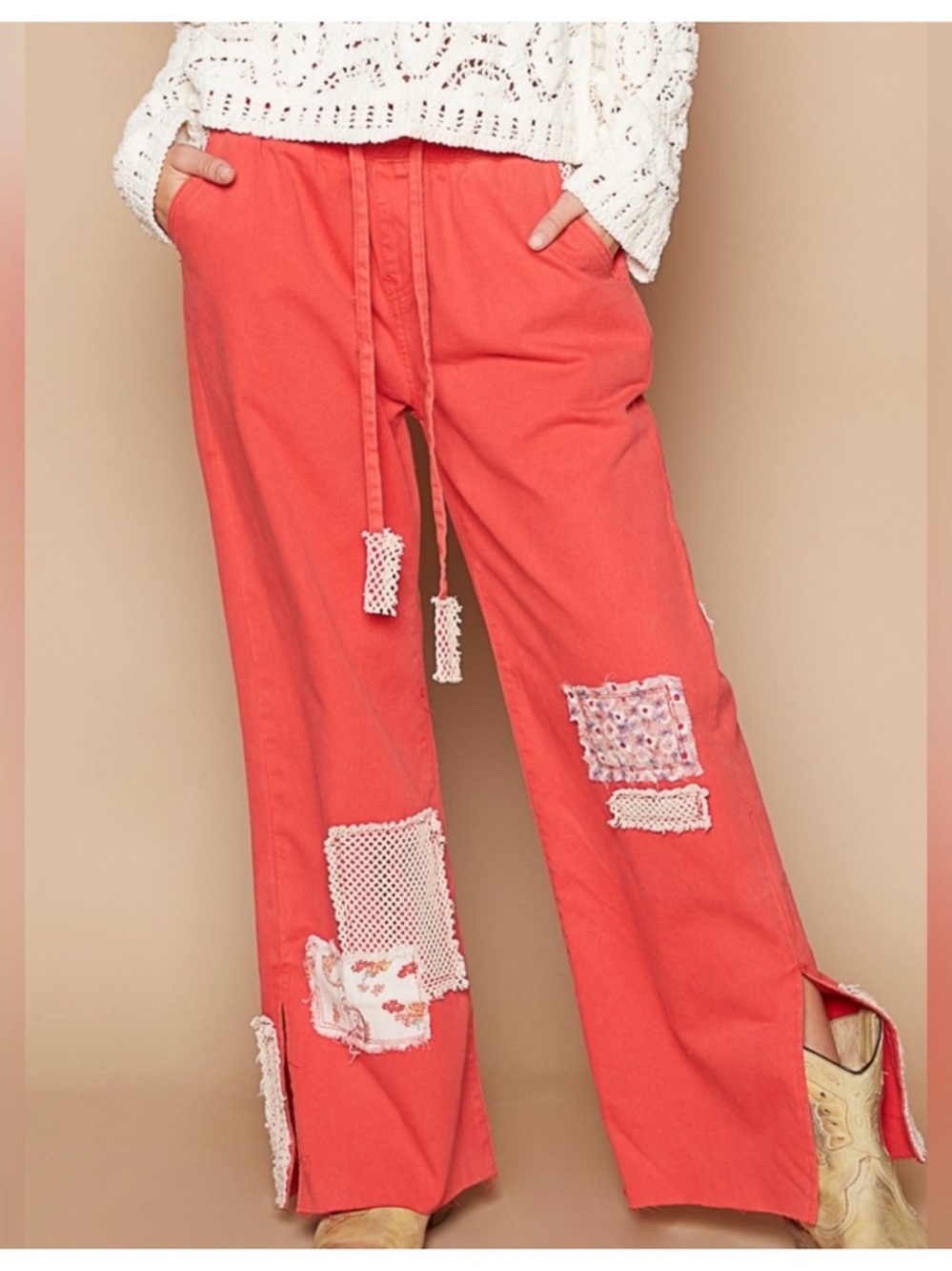 POL Red Patchwork Flare Leg Pants